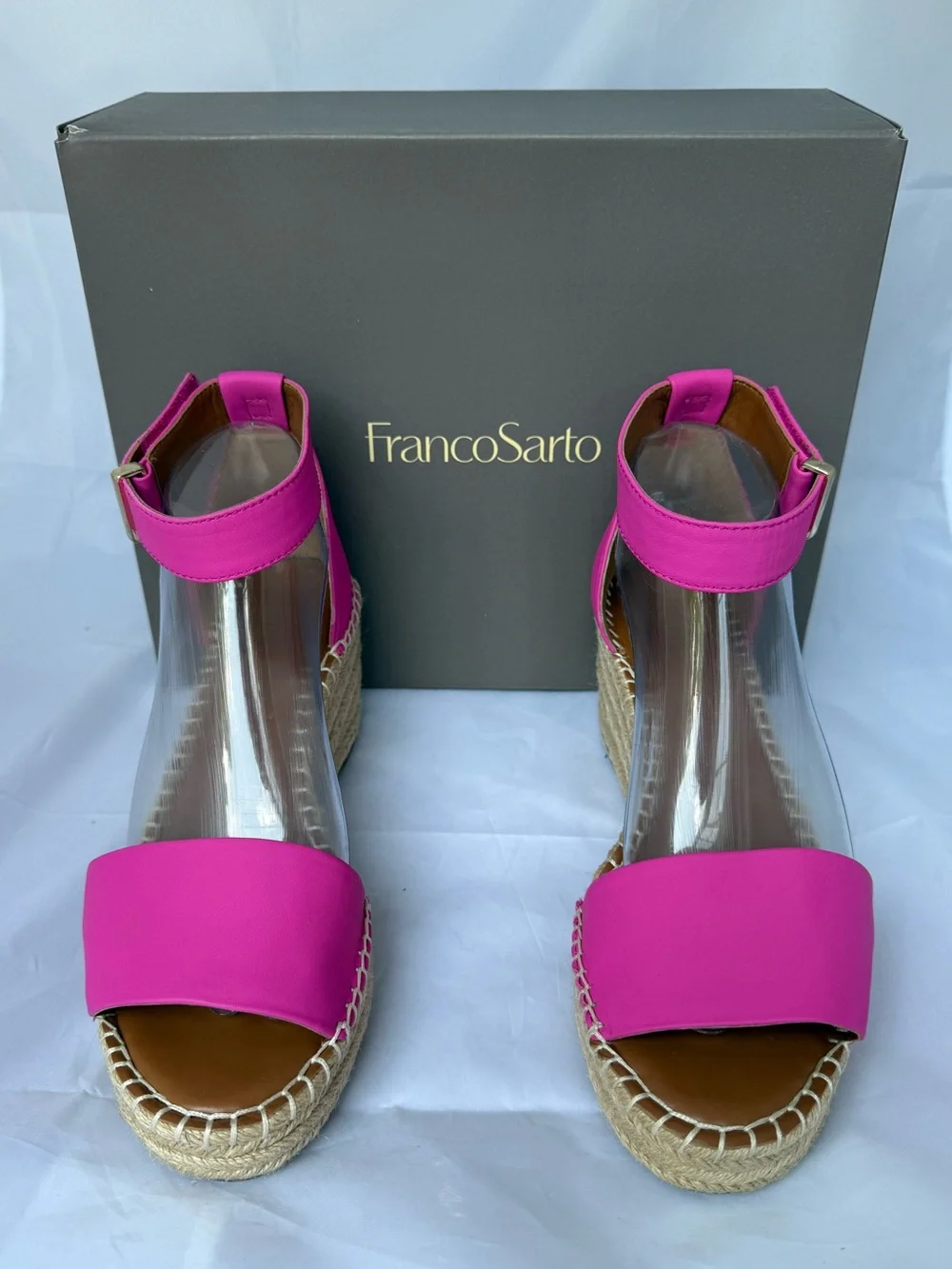 Franco Sarto Clemens Raffia Espadrille Wedge Sandal Pink Leather Size 8.5 with